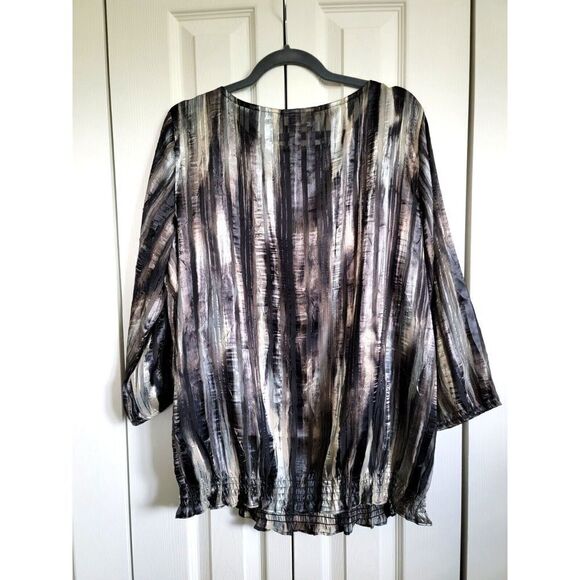 Chico's 2 Gray Brown Tan Blouson Style Top Elastic Hem/Sleeve Cuff Size 2 - Picture 2 of 6